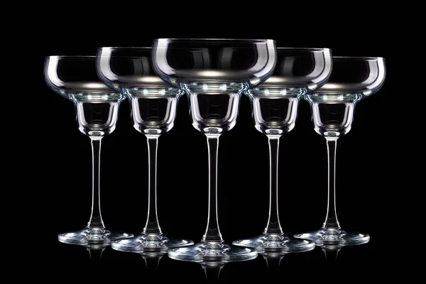 Set Empty Margarita Cocktail Glasses Isolated Black Background — Stock Photo, Image