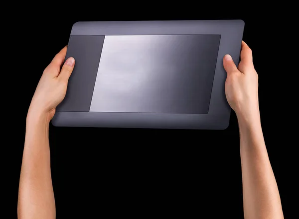 Hand Holding Graphic Tablet Illustrators Designers Photographers Isolated Black Background — Stock Photo, Image