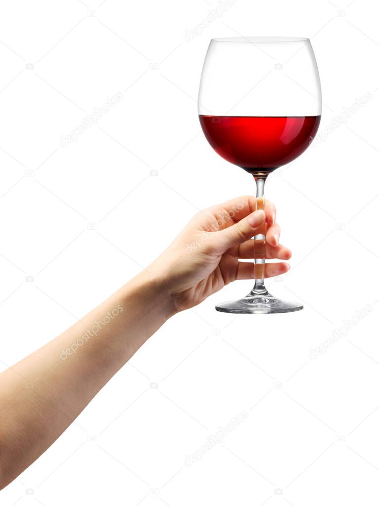 Woman hand holding red wine glass isolated on white background