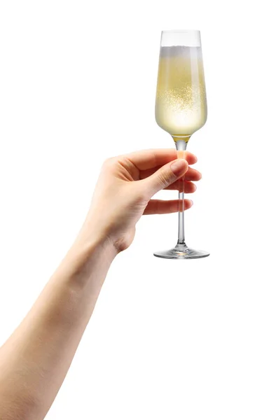 Kvinna Hand Hålla Glas Mousserande Champagne Isolerad Vit Bakgrund — Stockfoto