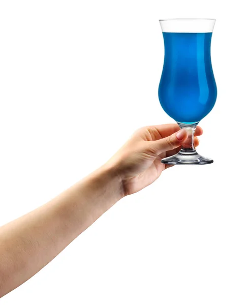 Mulher Mão Segurando Azul Curaçao Coquetel Vidro Isolado Fundo Branco — Fotografia de Stock