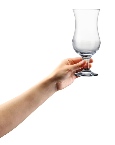 Kvinna Hand Hålla Tom Cocktail Glas Isolerad Vit Bakgrund — Stockfoto