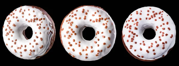 Conjunto Donuts Envidraçados Com Polvilhas Sobre Fundo Preto Com Reflexão — Fotografia de Stock