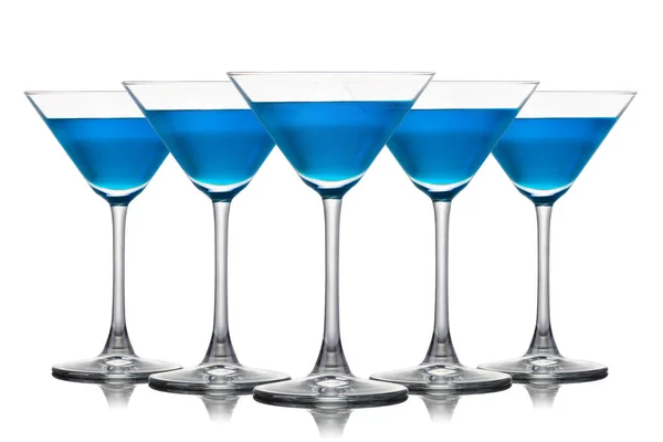 Set Blue Curacao Cocktail Martini Glasses Isolated White Background — Stock Photo, Image