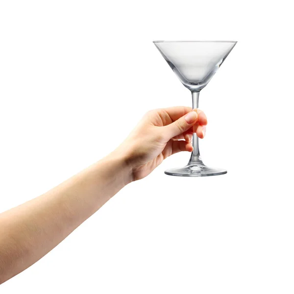 Frau hält leeres Martini-Glas isoliert auf weiß. — Stockfoto