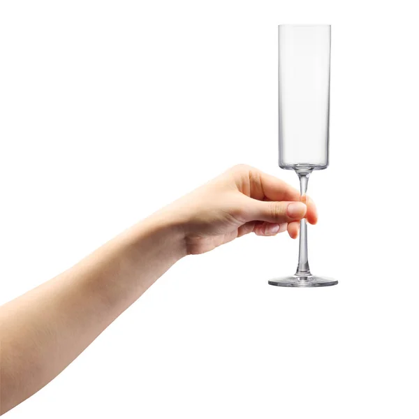 Kobieta ręka trzyma pusty kieliszek szampana odizolowany na białym. — Zdjęcie stockowe