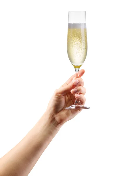 Mulher mão segurando copo de champanhe espumante isolado em branco . — Fotografia de Stock