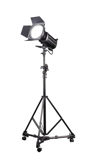 Fotografie studio flitser op een lichtstandaard geïsoleerd op witte achtergrond. — Stockfoto