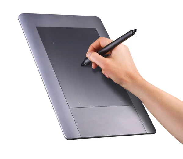 Mão segurando caneta gráfica digital e desenho gráfico tablet isolado em branco — Fotografia de Stock