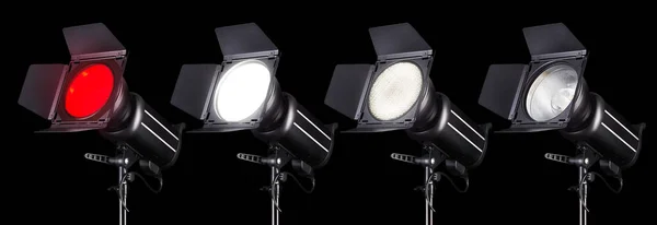 Set di luci flash studio isolato su sfondo nero con lampada . — Foto Stock