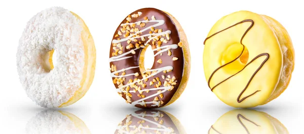 Set glasierter Donuts mit Streusel auf weißem Hintergrund — Stockfoto