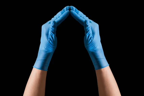 Doctor Hand Sterile Medical Gloves Showing Roof Shape Isolated Black — Stock Photo, Image