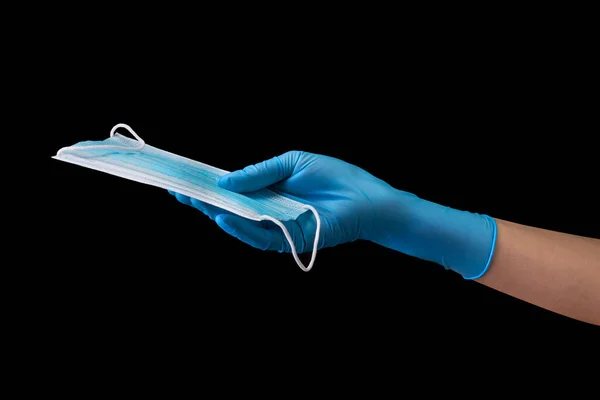 Doctor Hand Medical Gloves Holding Mask Isolated Black Background Clipping — Stock Photo, Image