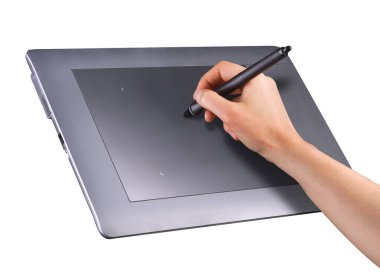 Beyaz arkaplanda izole edilmiş resimciler, tasarımcılar ve fotoğrafçılar için dijital grafik kalem ve çizim tableti