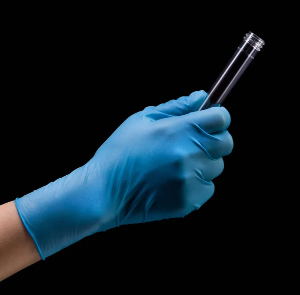 Ręka Lekarza Rękawiczkach Medycznych Trzymająca Probówkę Koronawirusem Covid Izolowaną Czarnym — Zdjęcie stockowe