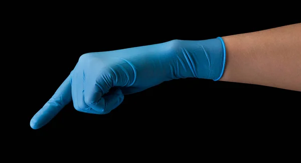 Doctor Hand Medical Gloves Touching Screen Finger Isolated Black Background — Stock Photo, Image