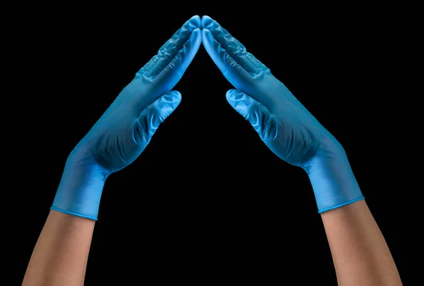 Artsenhand Steriele Medische Handschoenen Met Dakvorm Geïsoleerd Zwarte Achtergrond Met — Stockfoto