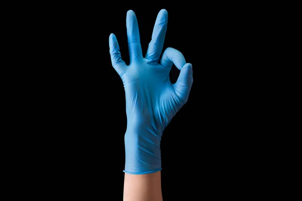 Doctor Hand Sterile Medical Gloves Gesture Okay Letter Isolated Black — Stock Photo, Image