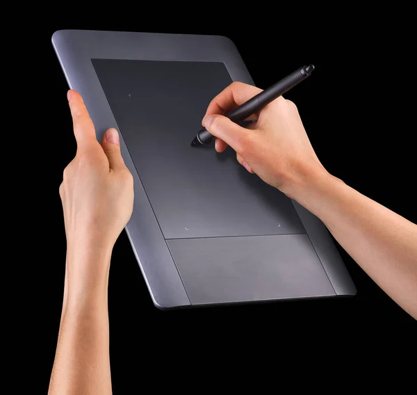 Mão Segurando Caneta Gráfica Digital Desenho Gráfico Tablet Para Ilustradores — Fotografia de Stock
