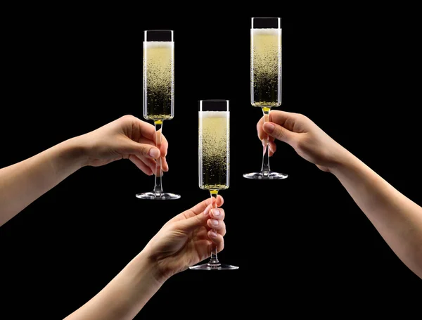 Set Hands Olding Glass Sparkling Champagne Isolated Black Background — Stock Photo, Image