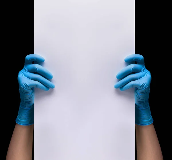 Doctor Hand Sterile Medical Gloves Holding Banner Isolated Black Background — Stock Photo, Image