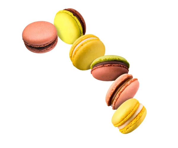 Set Macaron Volanti Colorati Francesi Isolati Sfondo Bianco — Foto Stock