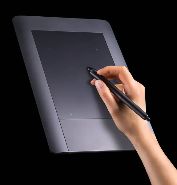 Mão Segurando Caneta Gráfica Digital Desenho Gráfico Tablet Para Ilustradores — Fotografia de Stock