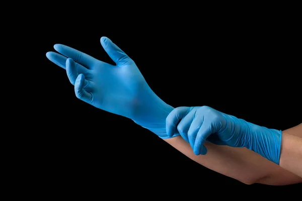Doctor Wearing Medical Glove Hands Isolated Black Background Clipping Path — Stock Photo, Image