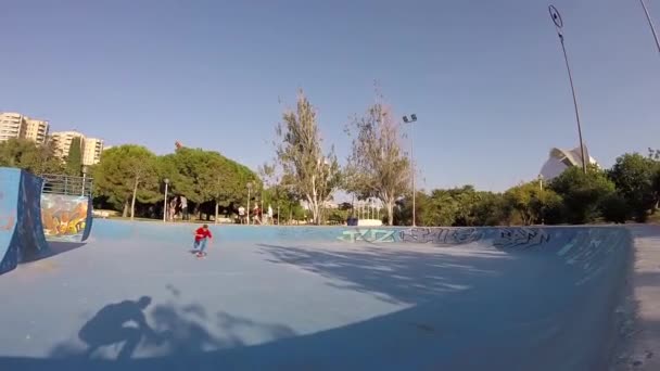 Skateboard Rider Saltar en Skatepark Bowl cámara lenta — Vídeos de Stock