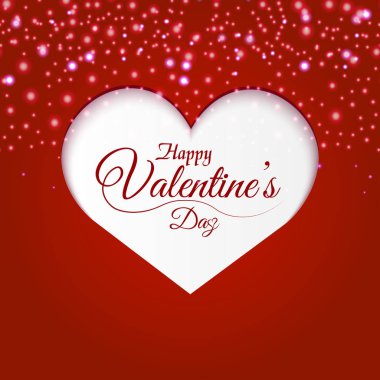 Sevgililer günü tebrik kartıyla beyaz kalp ve kırmızıya parıldıyor. Vektör