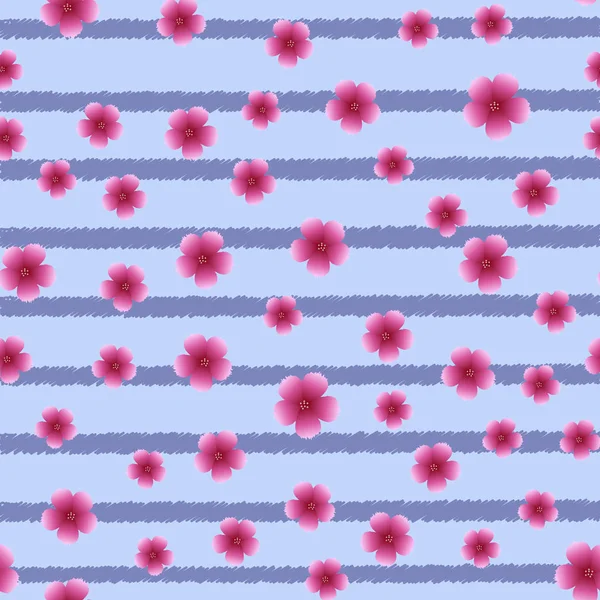 Pola mulus dengan bunga merah muda dan garis diagonal. Vektor - Stok Vektor