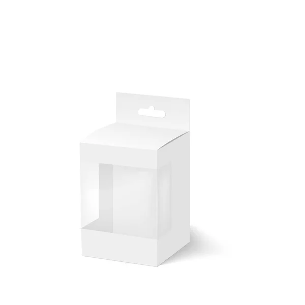 Caja en blanco con ventana de plástico y ranura para colgar. Vector — Archivo Imágenes Vectoriales