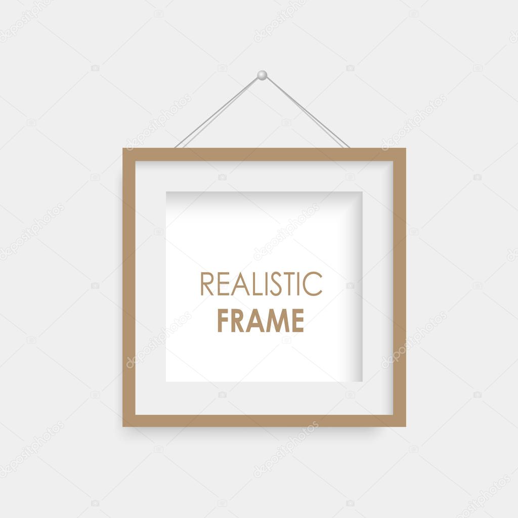 Realistic black photo frame hanging. Vector.