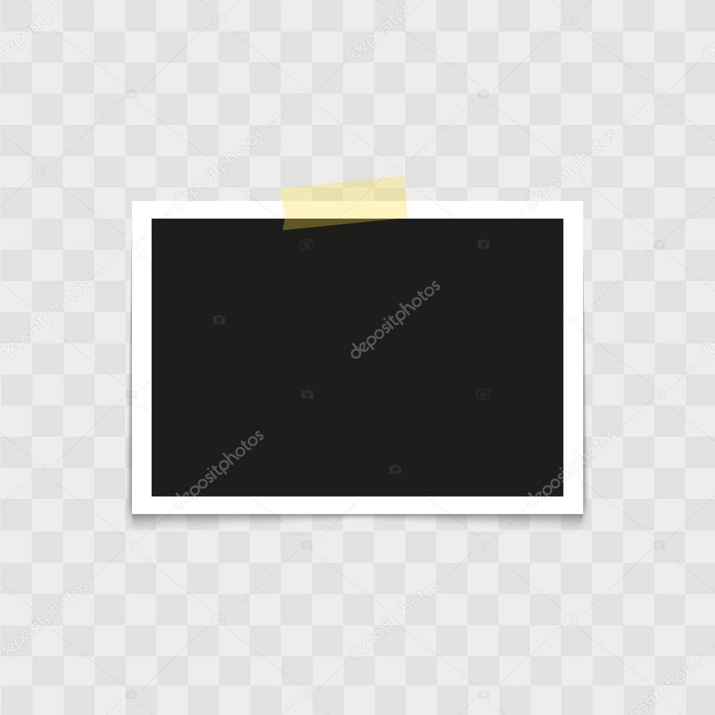 .Realistic photo frame with sticky tape on transparent background. Vector.