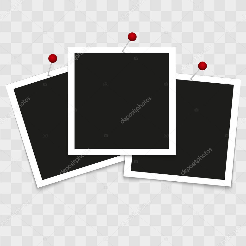 Set of vintage photo frames with pins on transparent background. Vector.