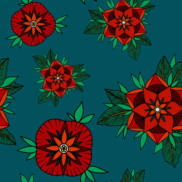 Vector bloem ornament patroon van rode bloemen op een groen backgro — Stockvector