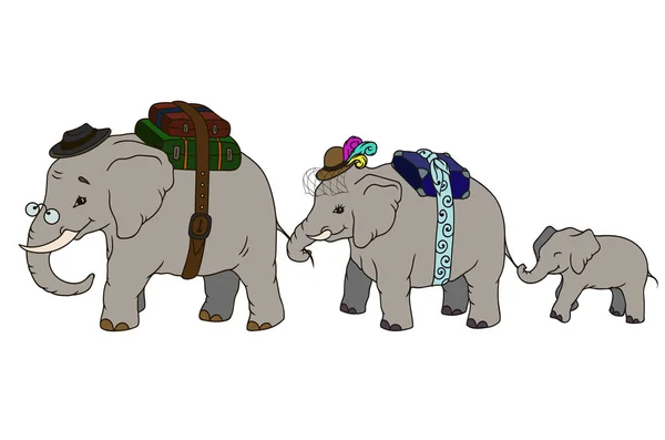 Adorabile cartone animato illustrazione intera famiglia elefante a piedi — Vettoriale Stock