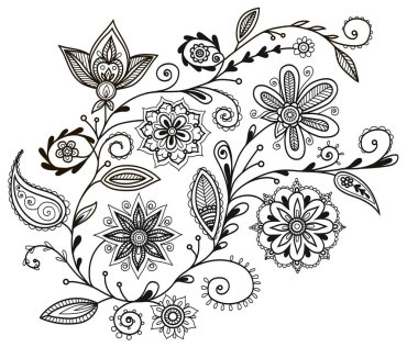 Çiçekli dallar ve Mehendi tarzında yapraklar.