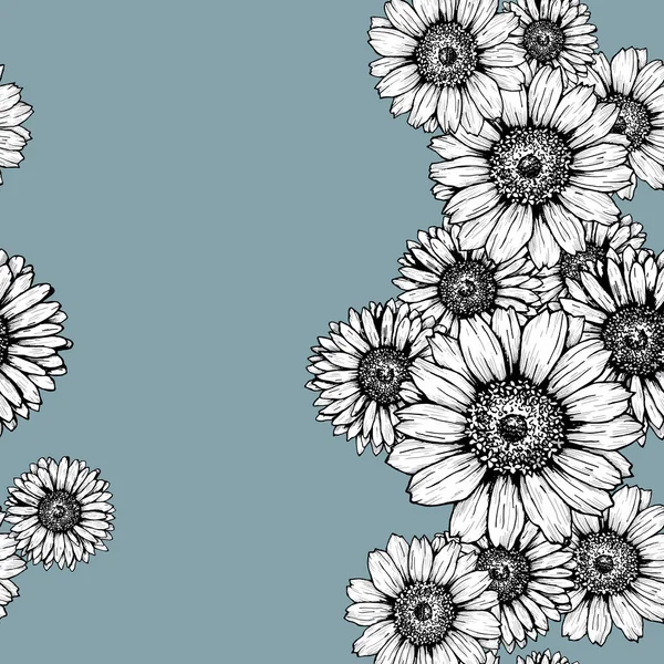 黑色和白色雏菊在深色背景图案上的简单轮廓 — 图库矢量图片