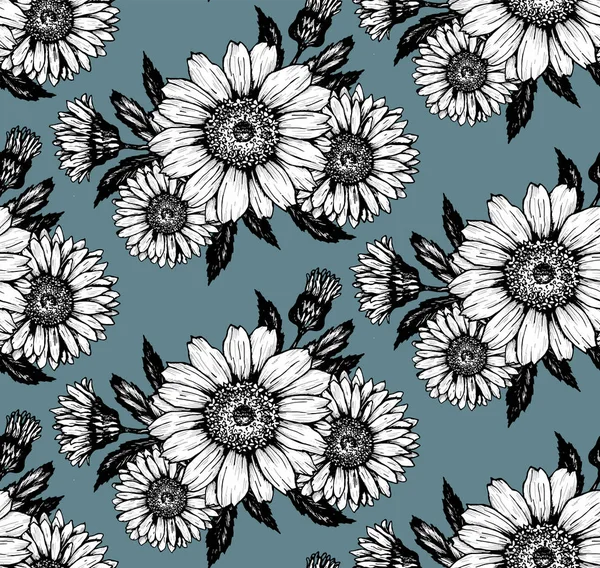 黑色和白色的雏菊花束在深色背景图案上的简约轮廓 — 图库矢量图片