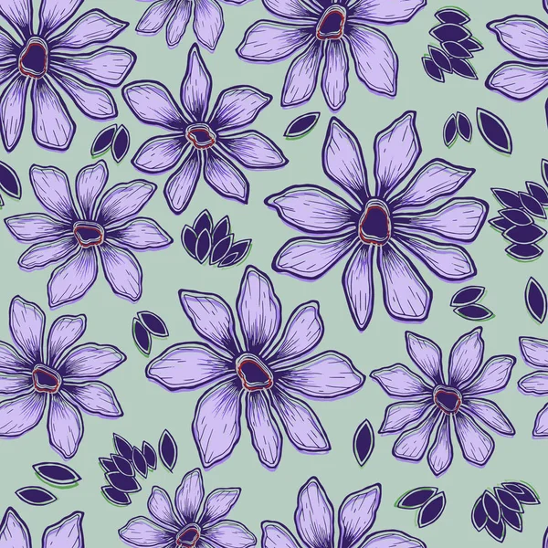 绿色背景图案上的黑白紫色雏菊的简约轮廓 — 图库矢量图片