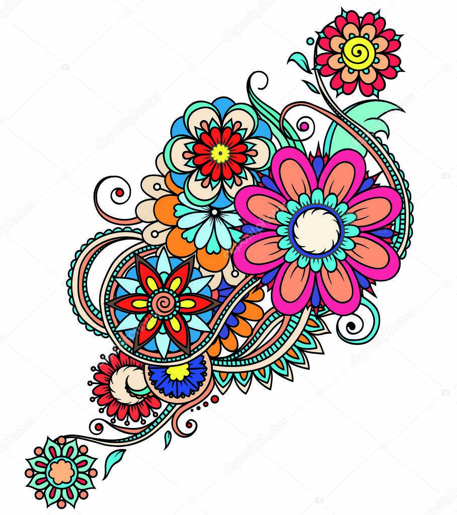 Bright color floral ornament. Decorative pattern in oriental mehndi style for the interior decoration, tatto and henna drawings. 