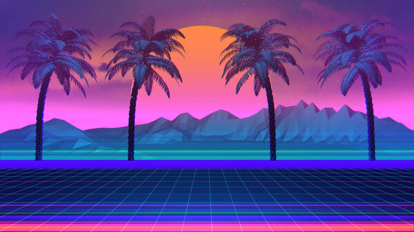 80s Synthwave And Retrowave Background With Palm Trees