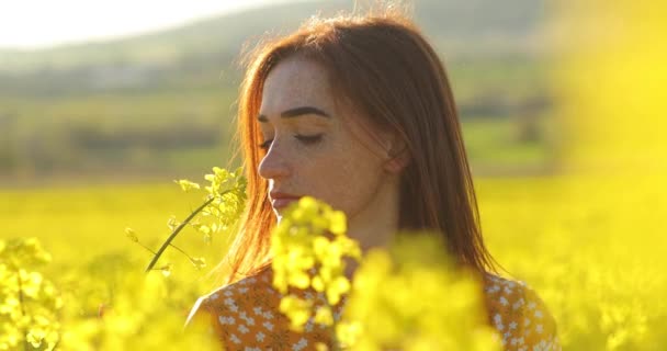 Nahaufnahme Porträt einer rothaarigen jungen Frau mit Sommersprossen auf einem Feld mit Rapsblüten. Junge Frau in gelbem Kleid berührt gelbe Blumen. — Stockvideo