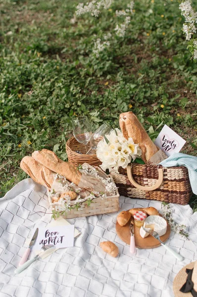 Different Bread Loaves Cheese Picnic Blanket Green Grass — Stock Photo, Image