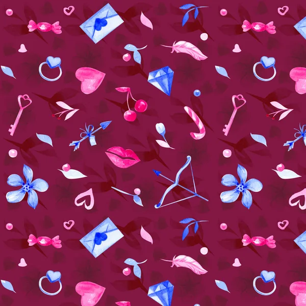 Akwarela Bezszwowe Ilustracja Miłość Kwiaty Pierścień Strzałka List Koperty Candys — Zdjęcie stockowe