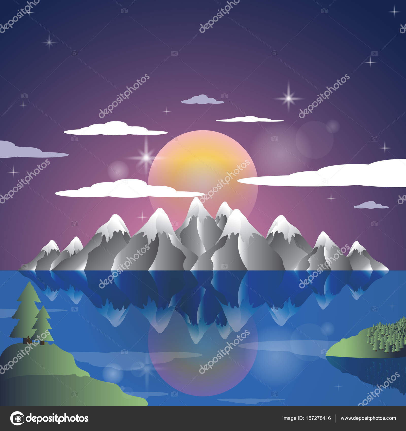 Fond Alpes Paysage Coucher Soleil Dessin Animé Illustration