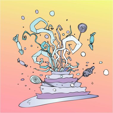 doğum günü pastası ile tatlılar, lolipop ve confeti. pembe ve sarı renklerde