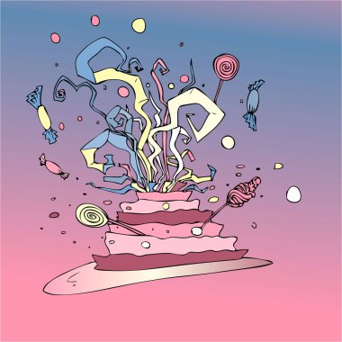 doğum günü pastası ile tatlılar, lolipop ve confeti. pembe, mavi ve sarı renklerde