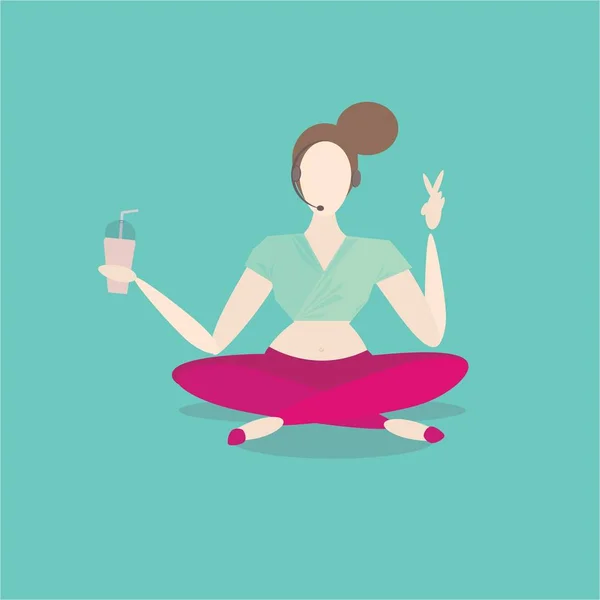 Meditação Pose Mulher Freelance Com Milkshake Cocktail Fone Ouvido —  Vetores de Stock